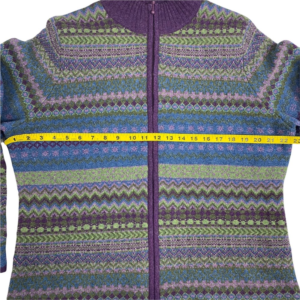 Woolrich Wool Zip Up Sweater Cardigan Womens XL Nordic Fair Isle Green Purple - Picture 7 of 9